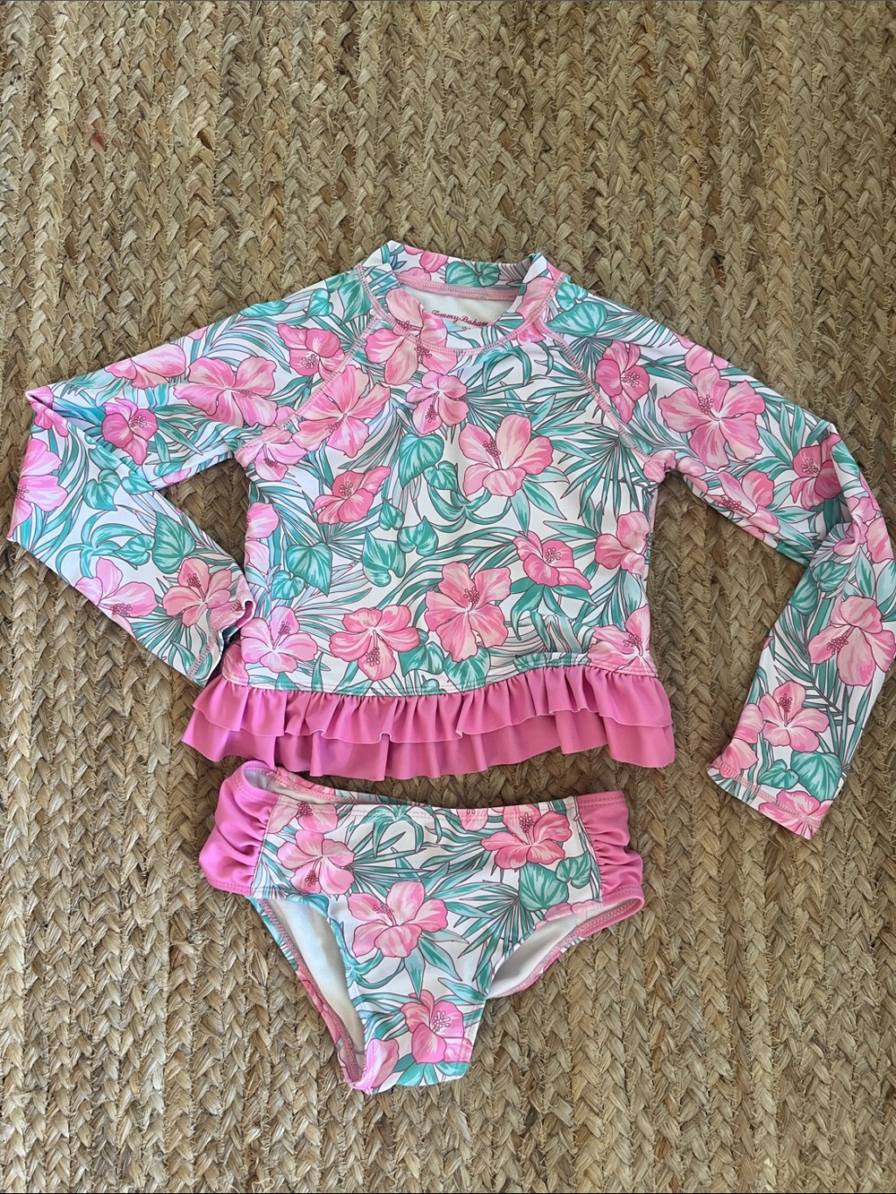 Girls Tommy Bahama Pink Floral Long-Sleeve Rashguard Set size 6 EUC